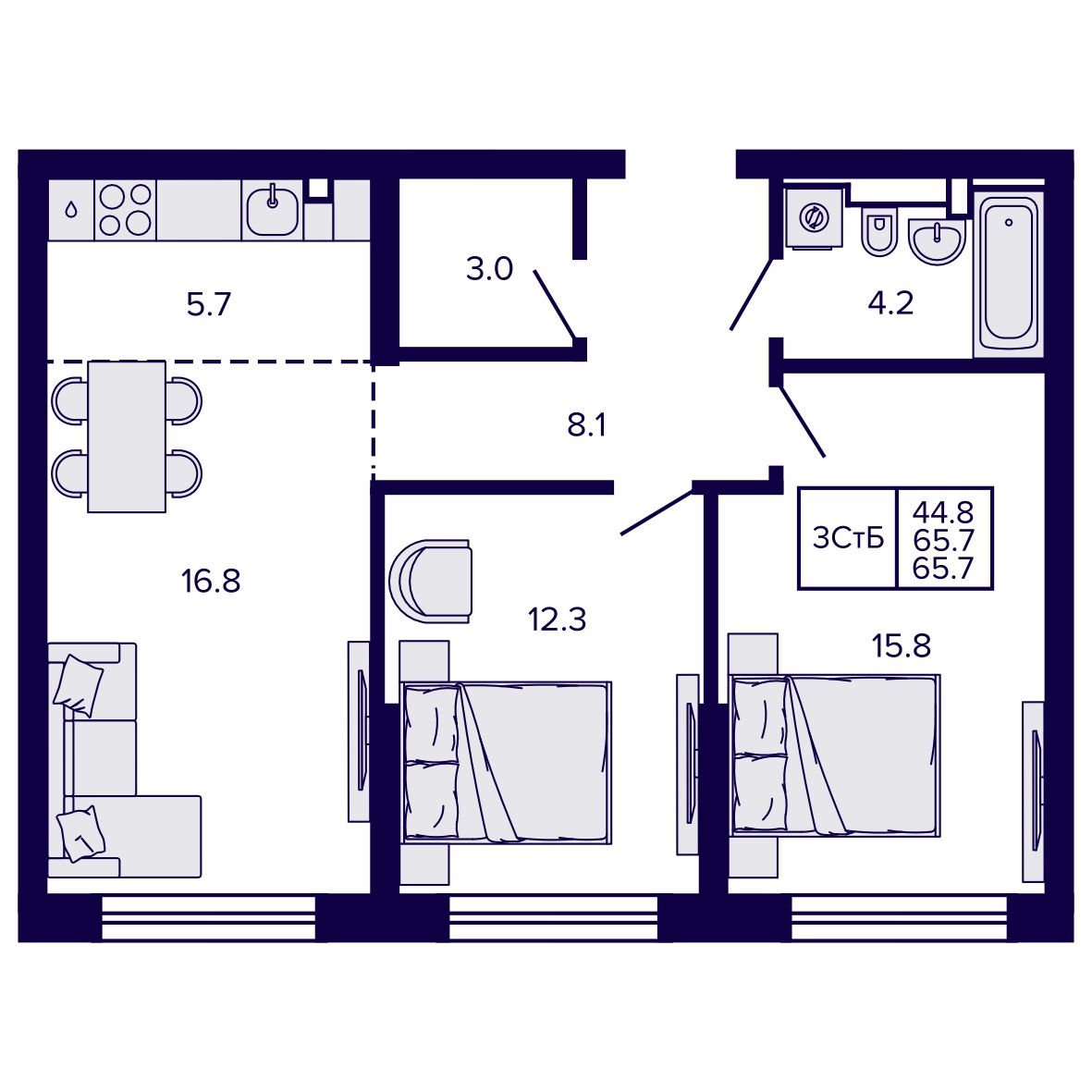 3-комнатная, 65.75 м², № 42 в Сподвижники