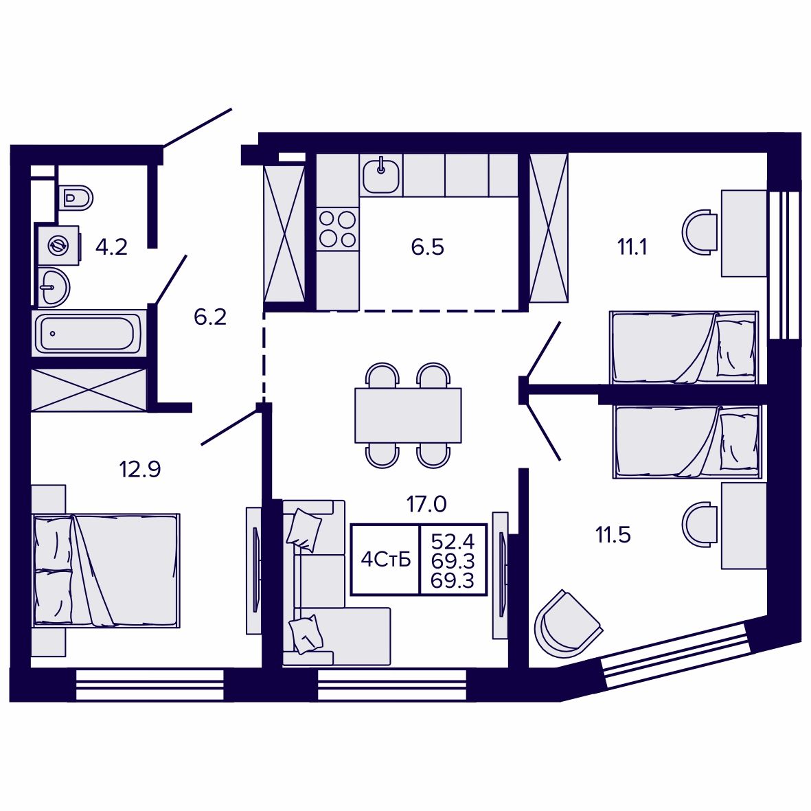 4-комнатная, 69.33 м², № 149 в Сподвижники