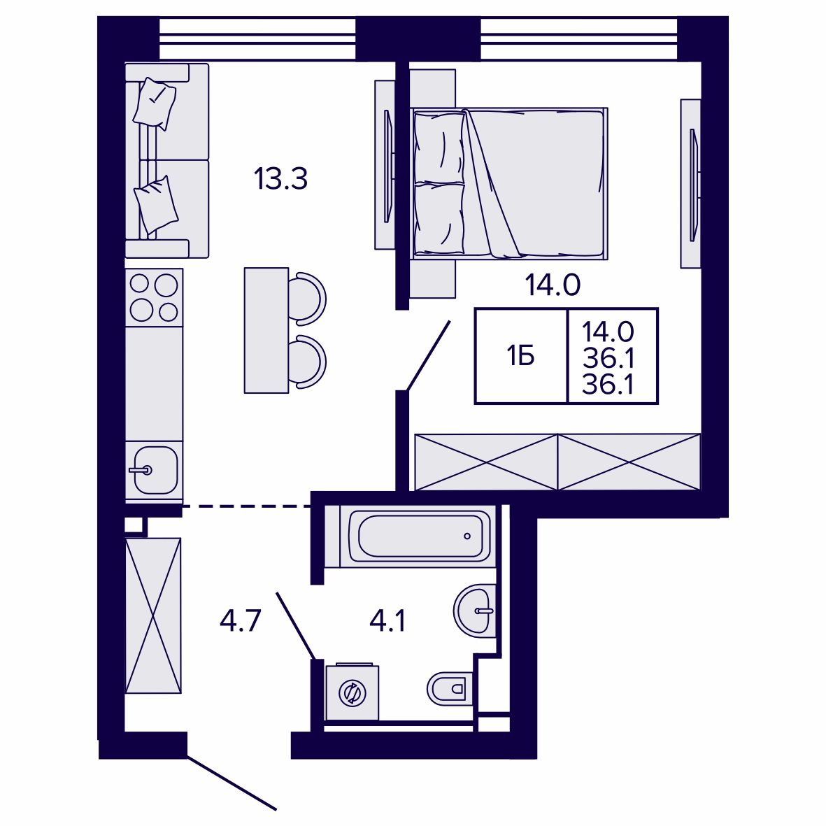 1-комнатная, 36.06 м², № 146 в Сподвижники