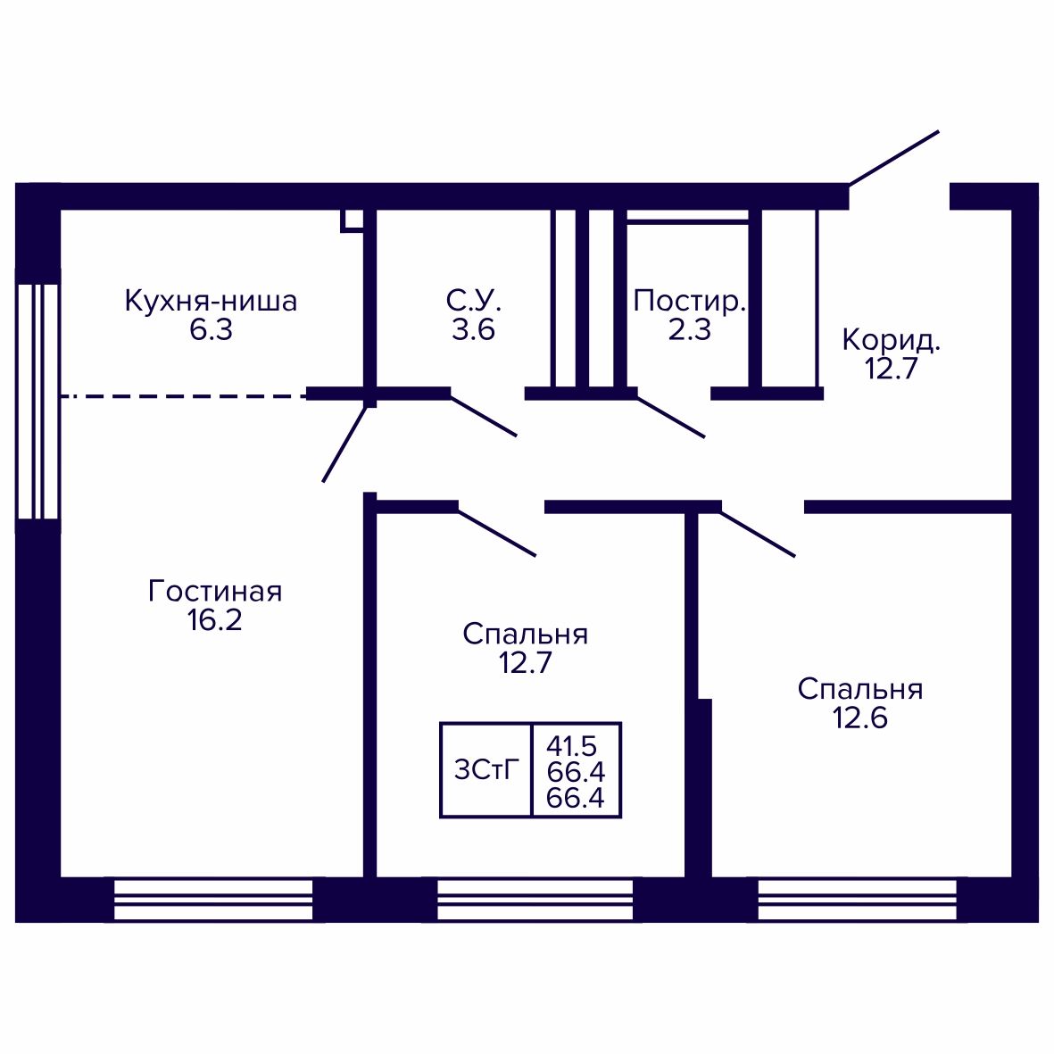 3-комнатная, 66.36 м², № 188 в Сподвижники