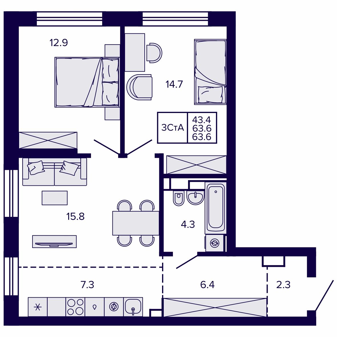 3-комнатная, 63.65 м², № 118 в Сподвижники