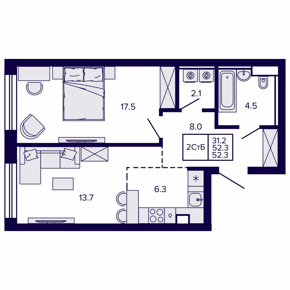 2-комнатная, 52.26 м², № 129 в Сподвижники