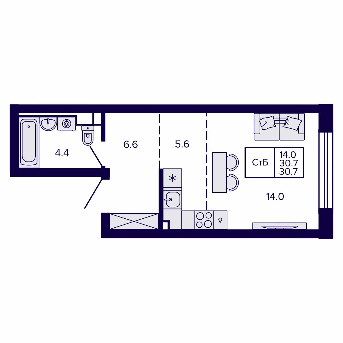 Студия, 30.67 м², № 28 в Сподвижники