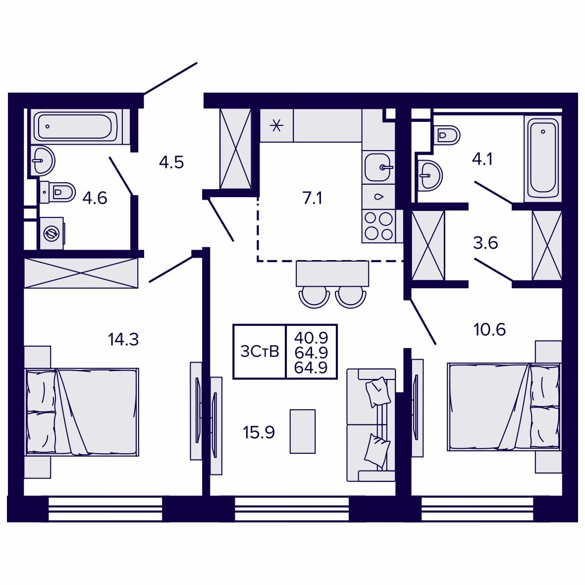 3-комнатная, 64.86 м², № 211 в Сподвижники