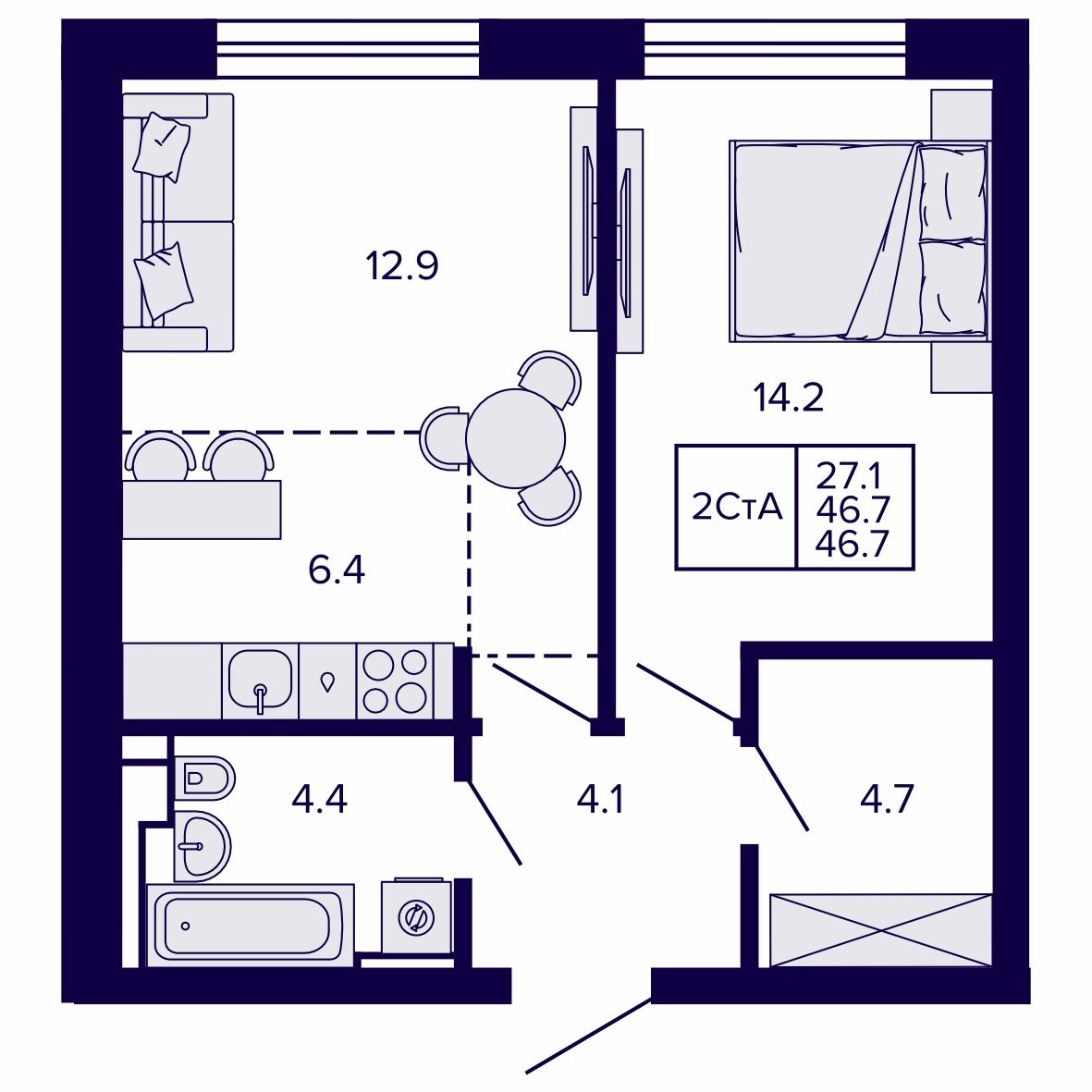 2-комнатная, 46.68 м², № 145 в Сподвижники
