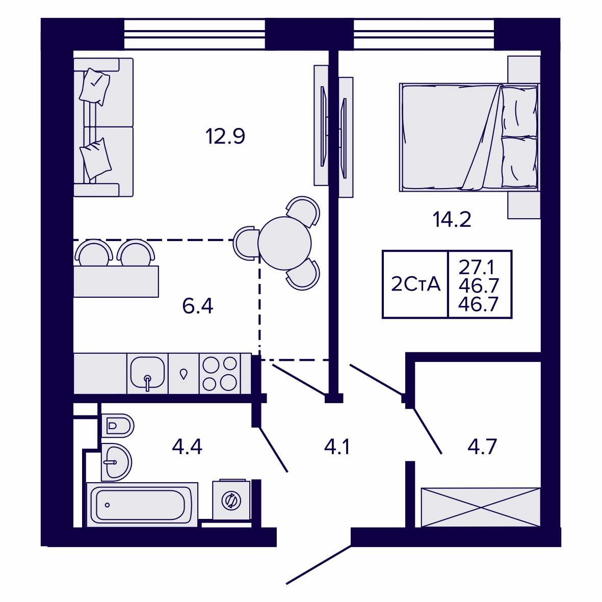 2-комнатная, 46.68 м², № 205 в Сподвижники
