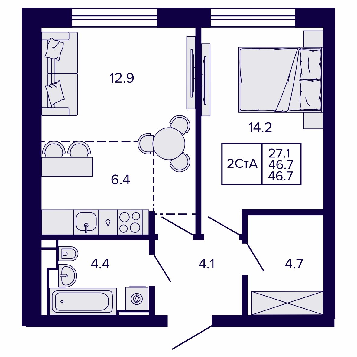 2-комнатная, 46.68 м², № 181 в Сподвижники