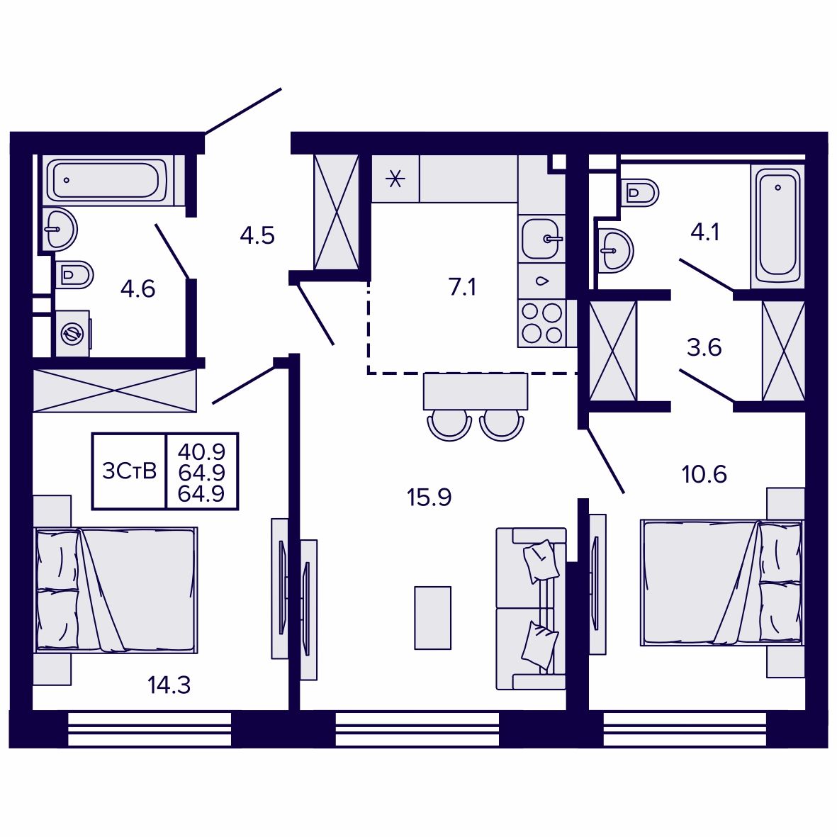 3-комнатная, 64.85 м², № 151 в Сподвижники