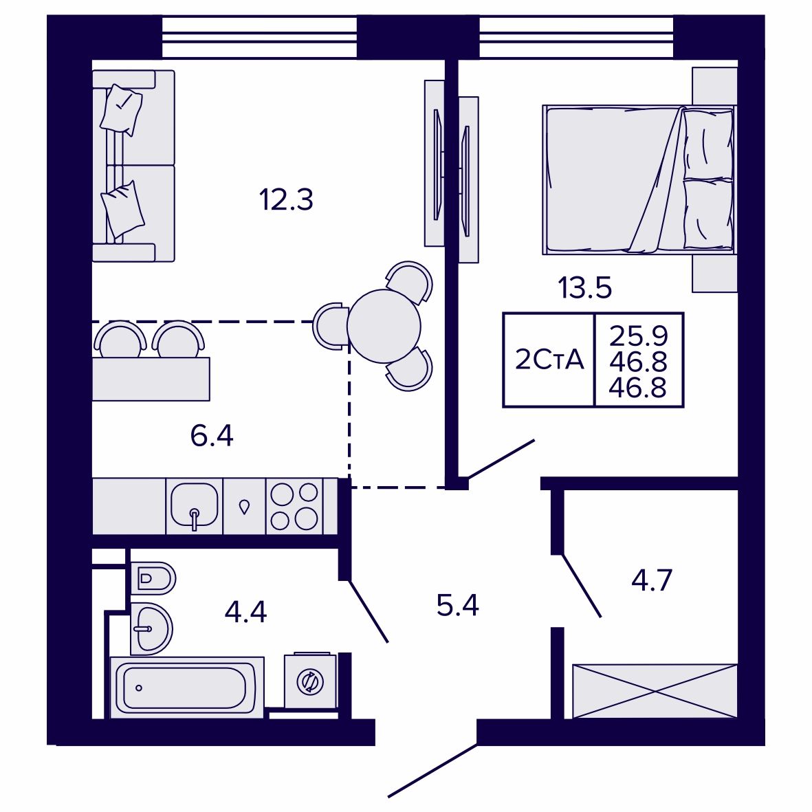 2-комнатная, 46.85 м², № 13 в Сподвижники