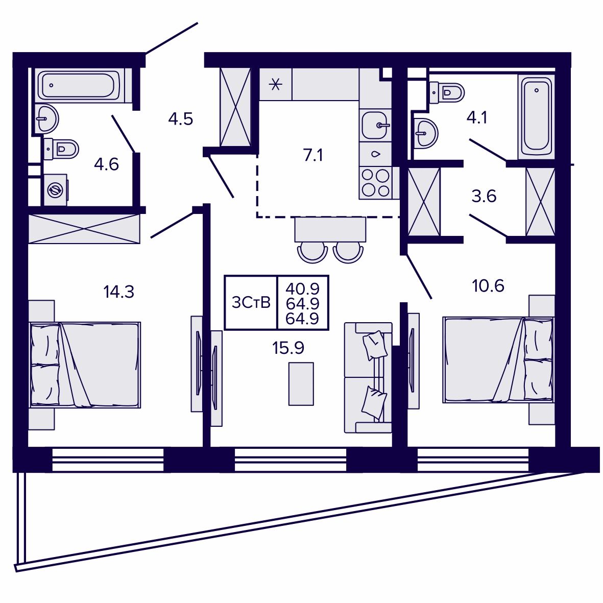 3-комнатная, 64.86 м², № 31 в Сподвижники