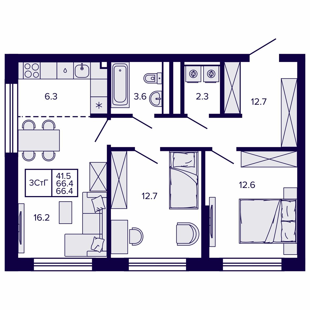3-комнатная, 66.36 м², № 128 в Сподвижники
