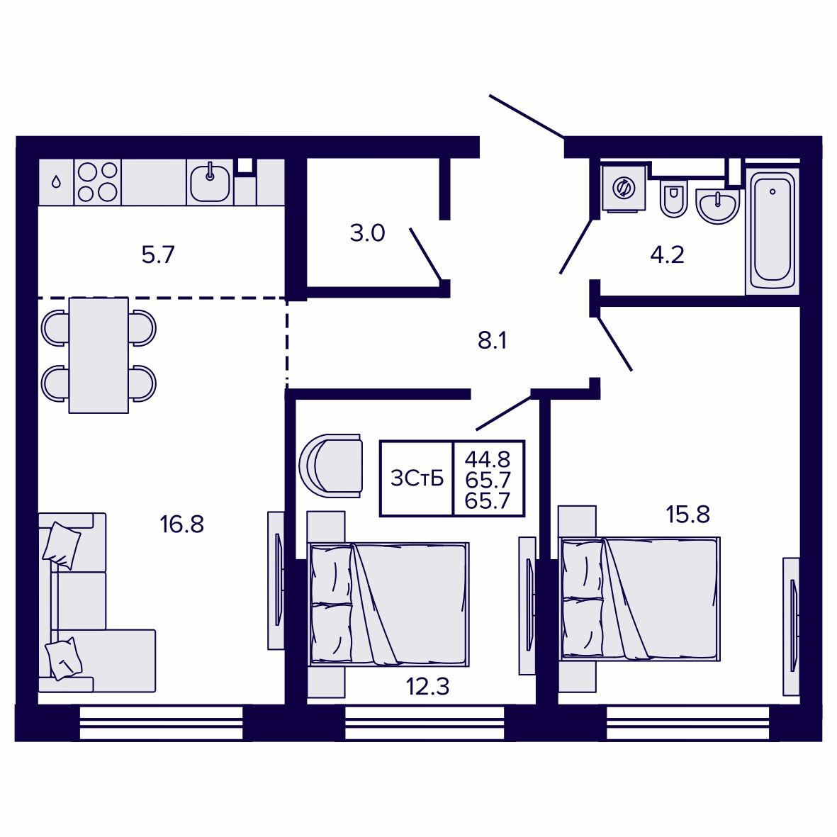 3-комнатная, 65.75 м², № 30 в Сподвижники