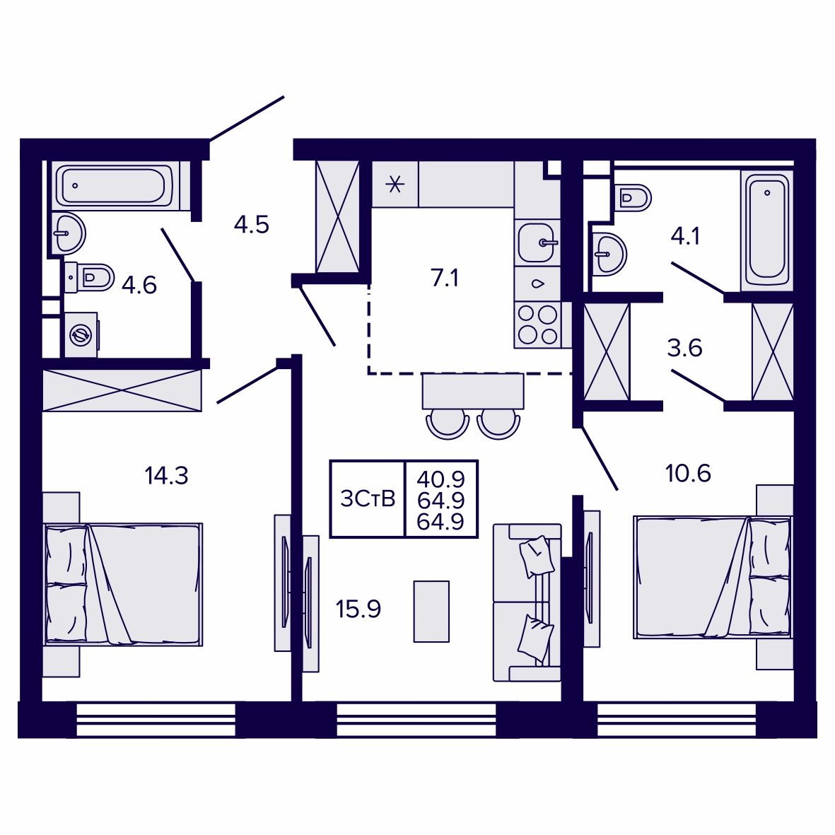 3-комнатная, 64.85 м², № 187 в Сподвижники
