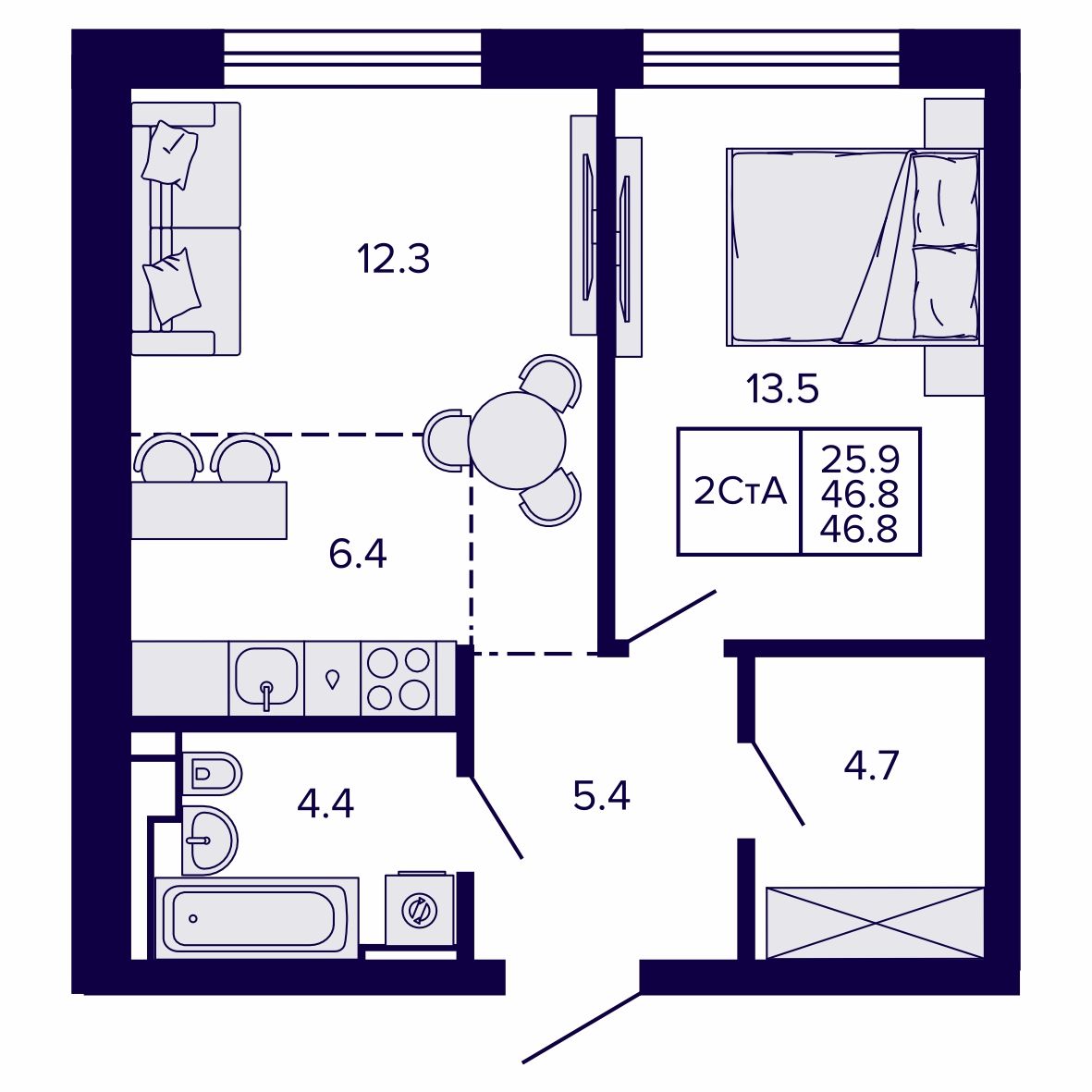 2-комнатная, 46.85 м², № 37 в Сподвижники