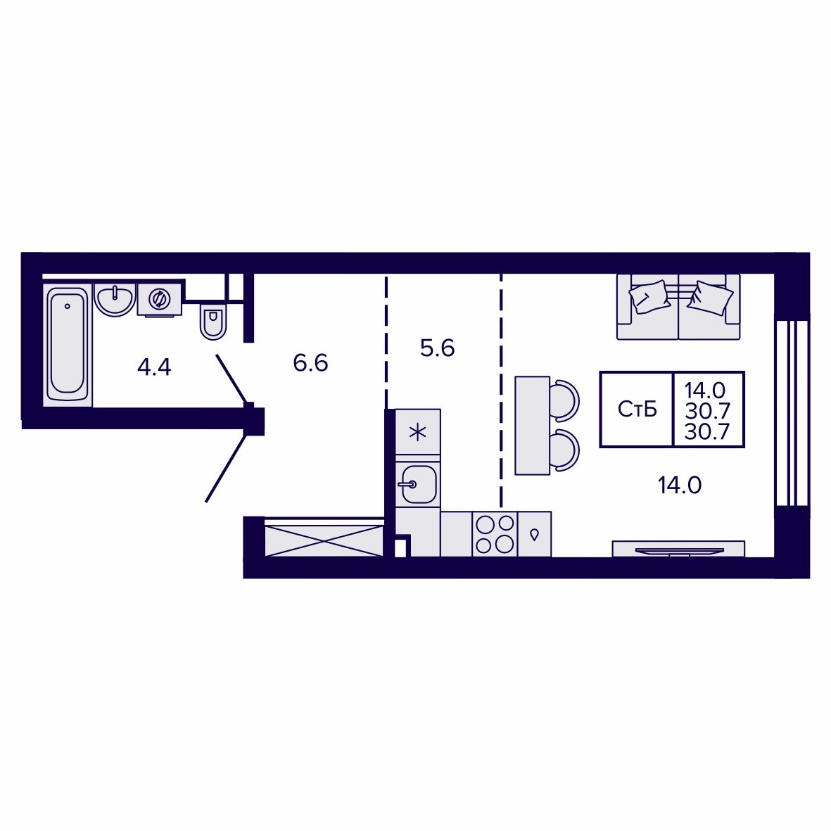 Студия, 30.66 м², № 208 в Сподвижники
