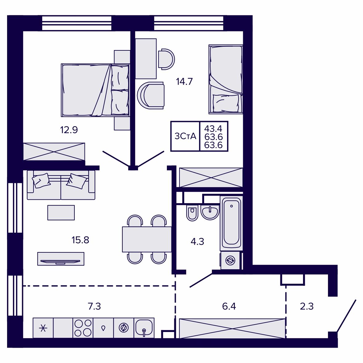 3-комнатная, 63.65 м², № 58 в Сподвижники
