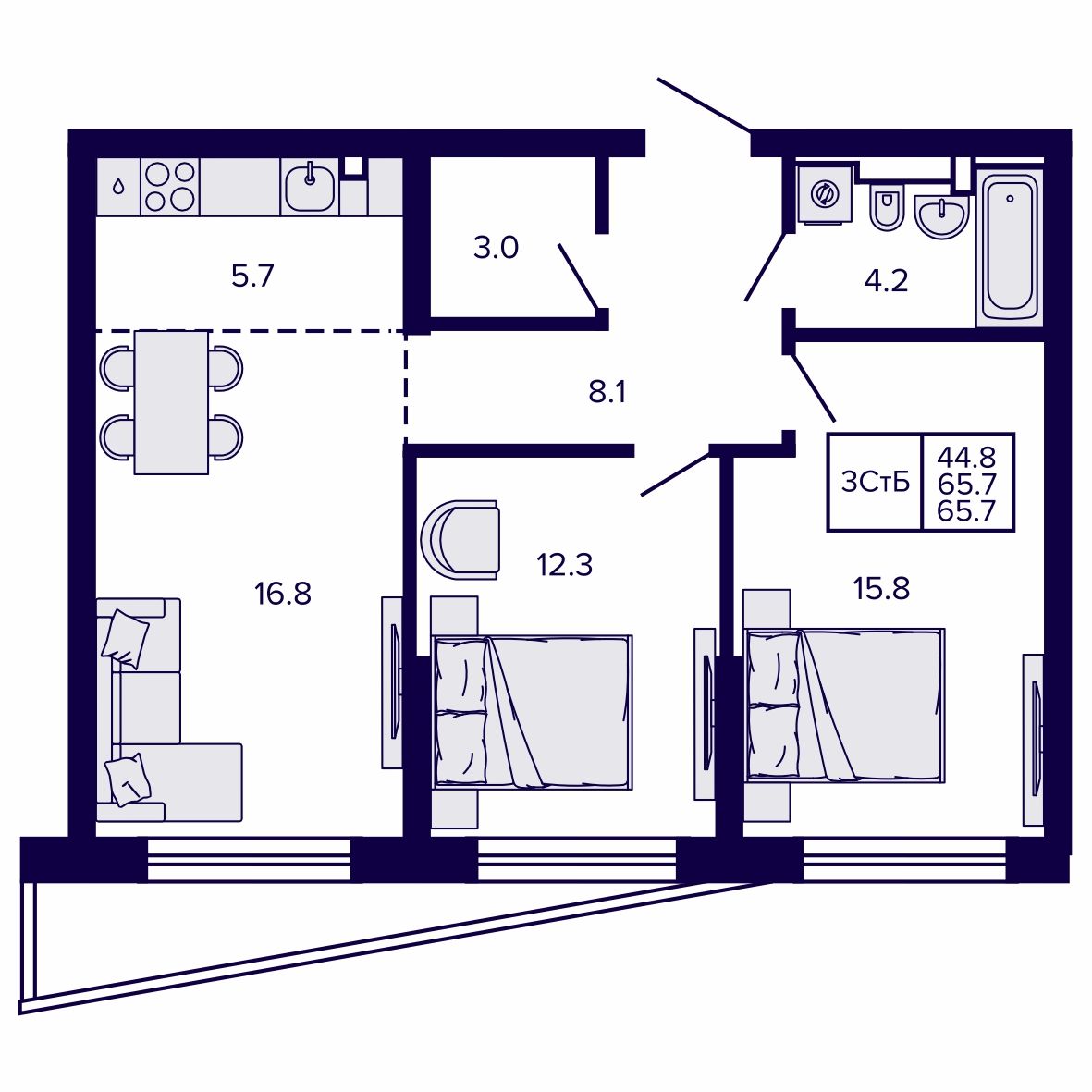 3-комнатная, 65.75 м², № 18 в Сподвижники