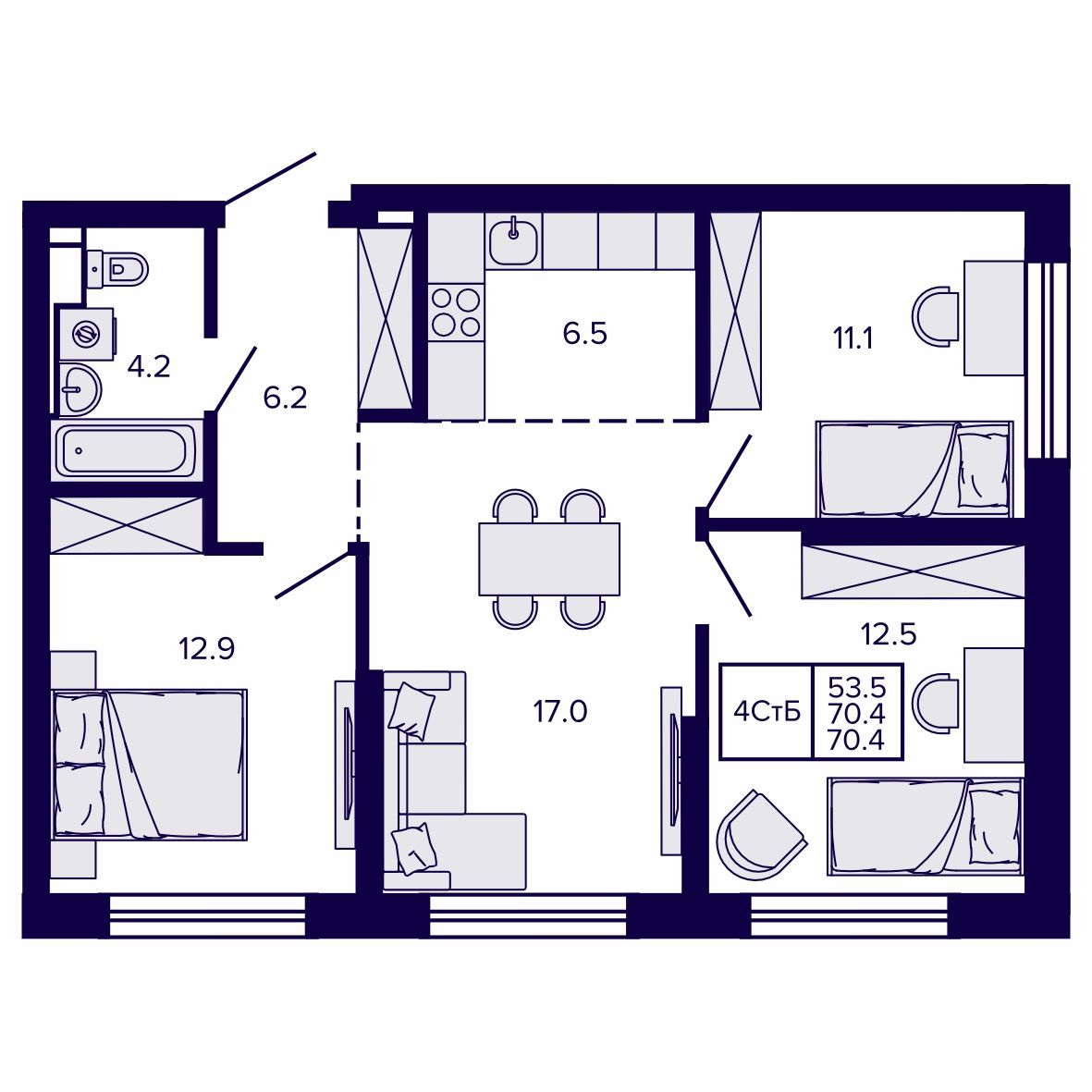 4-комнатная, 70.41 м², № 17 в Сподвижники