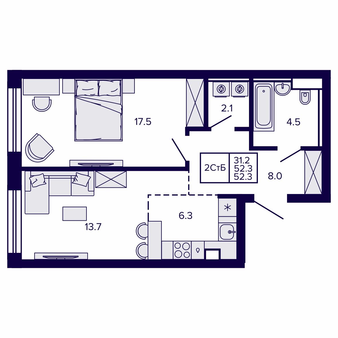2-комнатная, 52.26 м², № 33 в Сподвижники