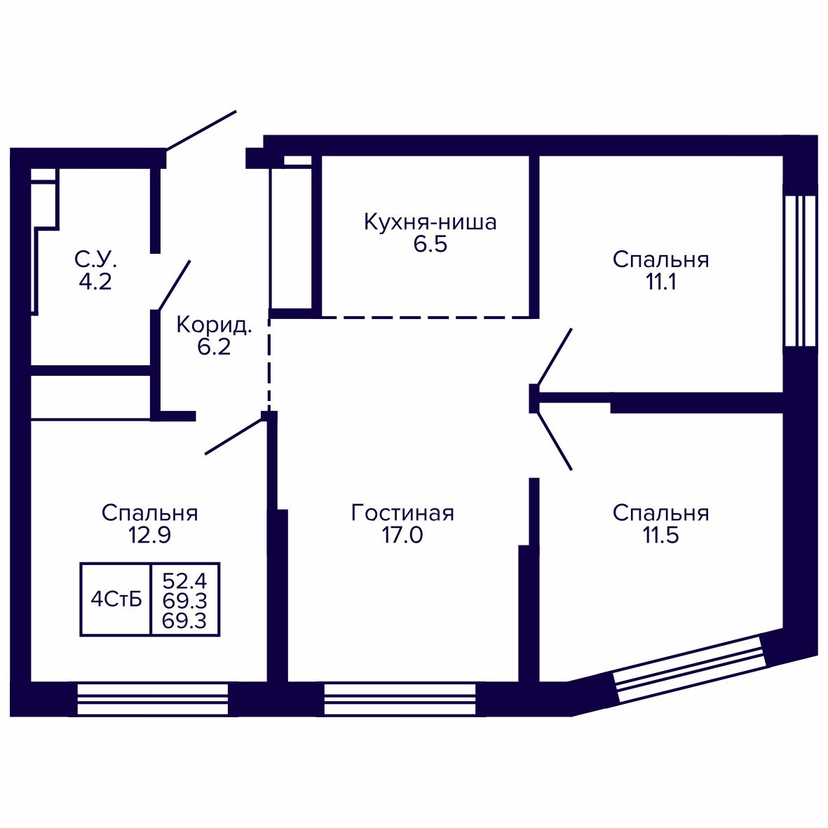 4-комнатная, 69.33 м², № 149 в Сподвижники