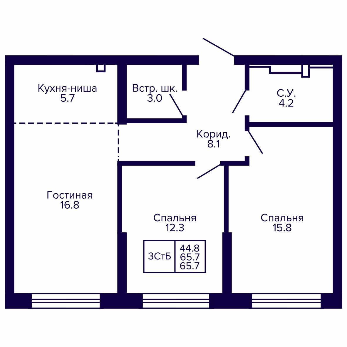 3-комнатная, 65.75 м², № 42 в Сподвижники