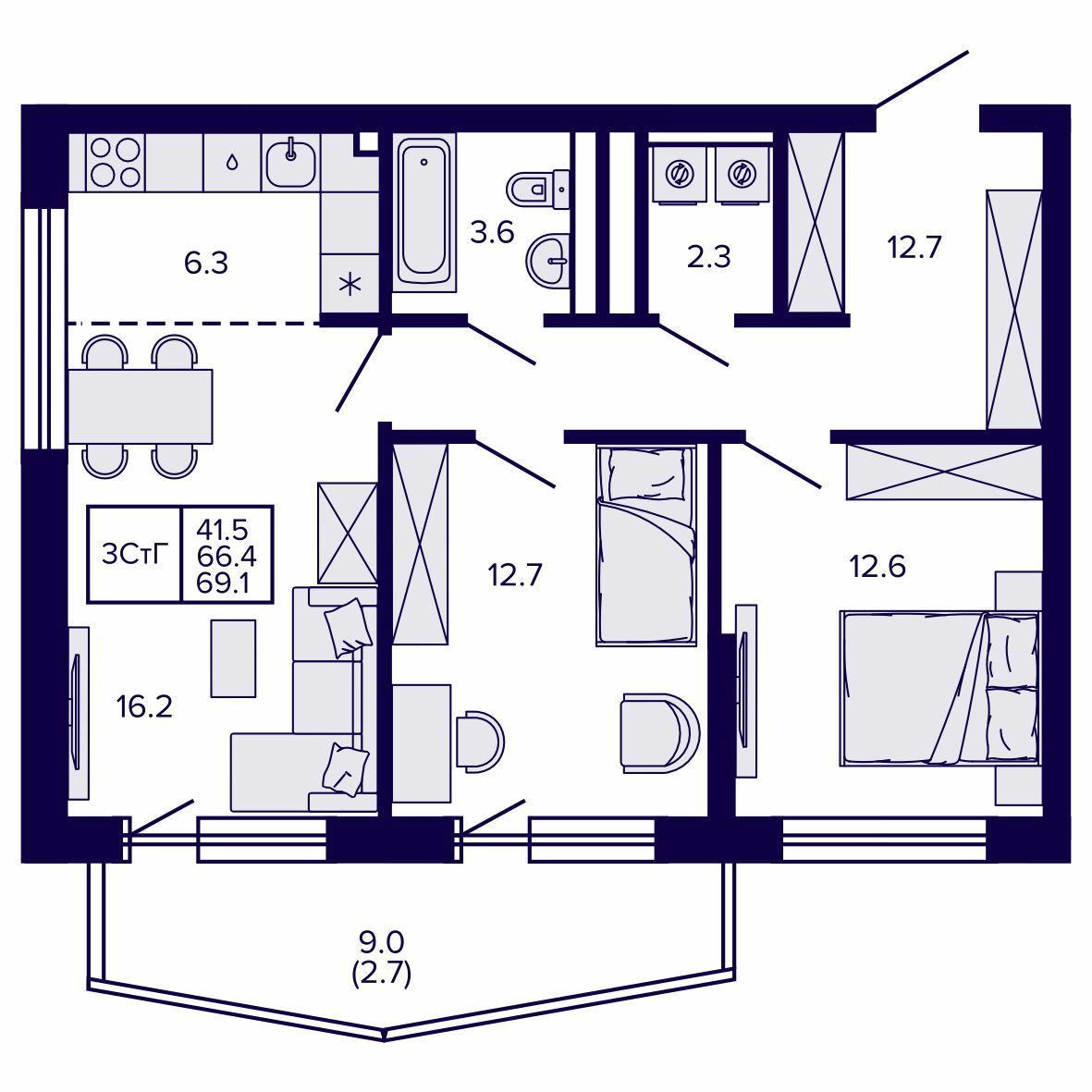 3-комнатная, 69.06 м², № 44 в Сподвижники