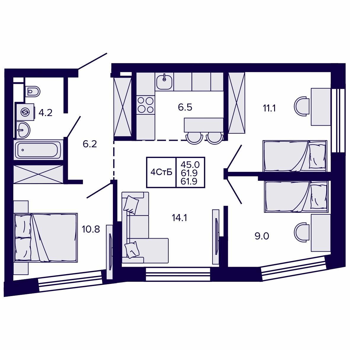 4-комнатная, 61.94 м², № 209 в Сподвижники