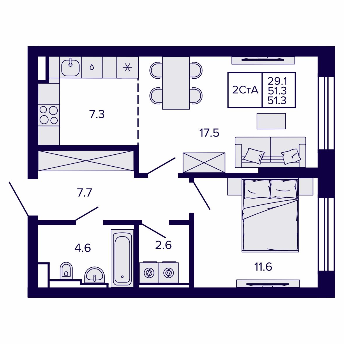2-комнатная, 51.28 м², № 16 в Сподвижники