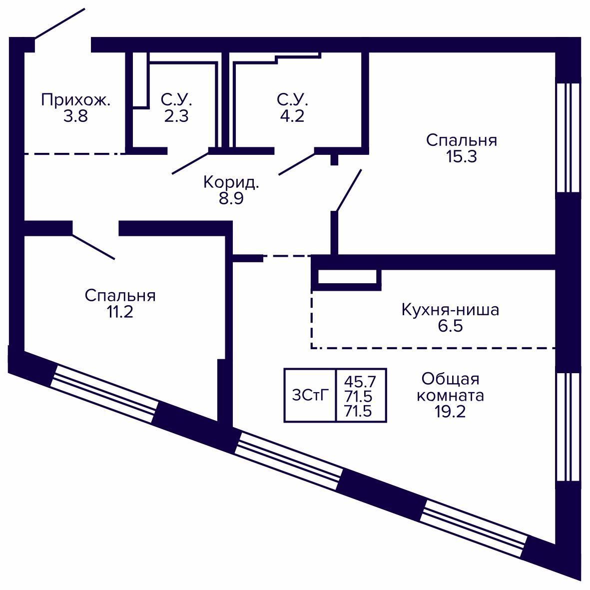 3-комнатная, 71.49 м², № 127 в Сподвижники