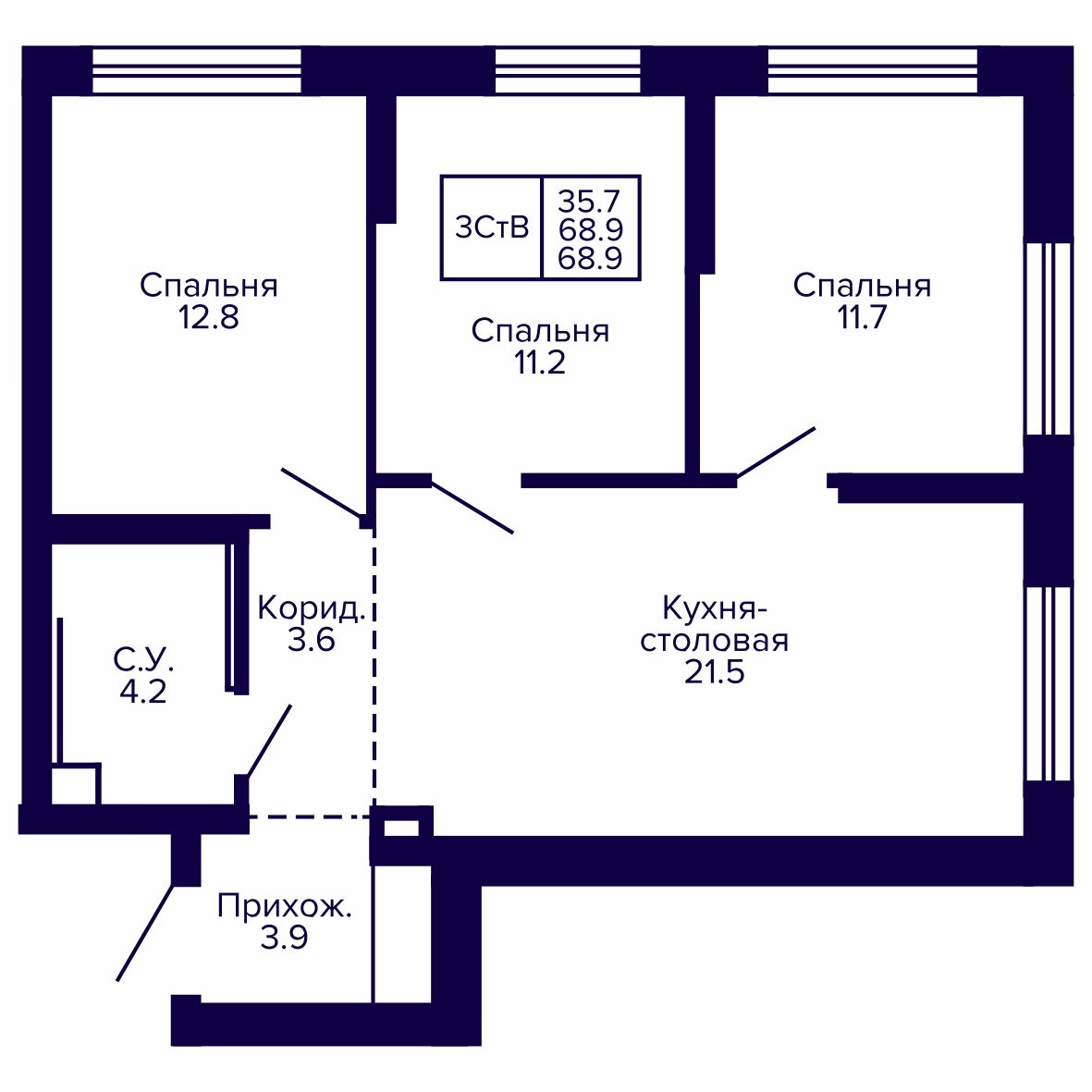 3-комнатная, 68.96 м², № 34 в Сподвижники