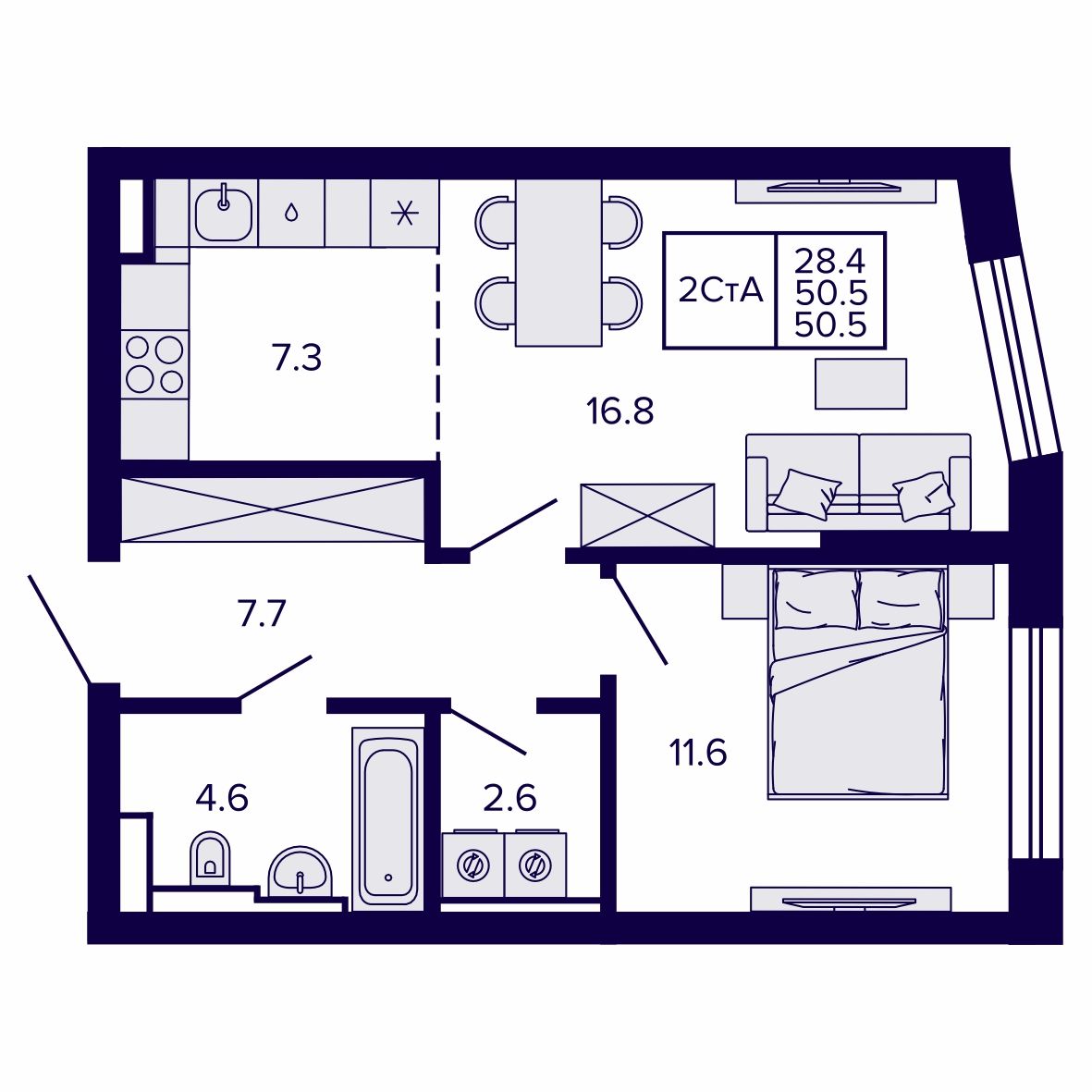 2-комнатная, 50.5 м², № 86 в Сподвижники