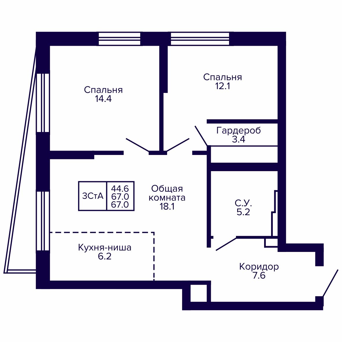 3-комнатная, 67.05 м², № 12 в Сподвижники