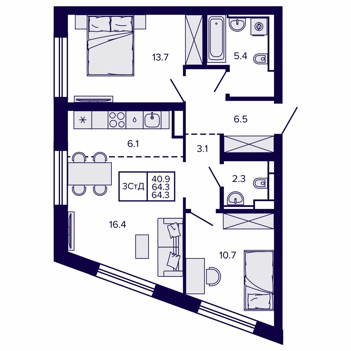 3-комнатная, 64.34 м², № 120 в Сподвижники