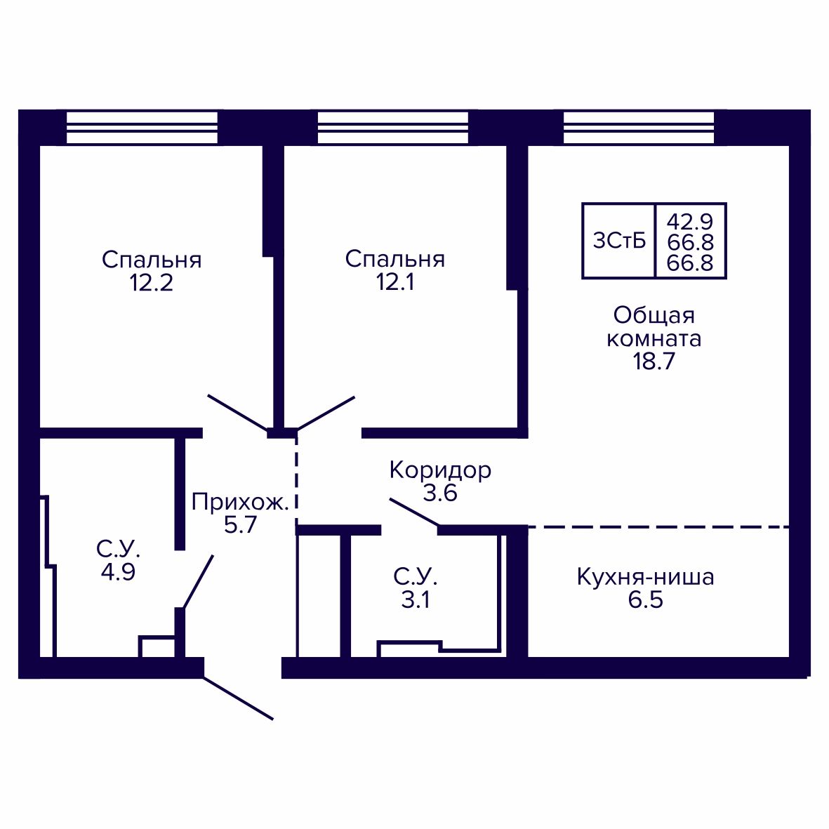 3-комнатная, 66.77 м², № 33 в Сподвижники
