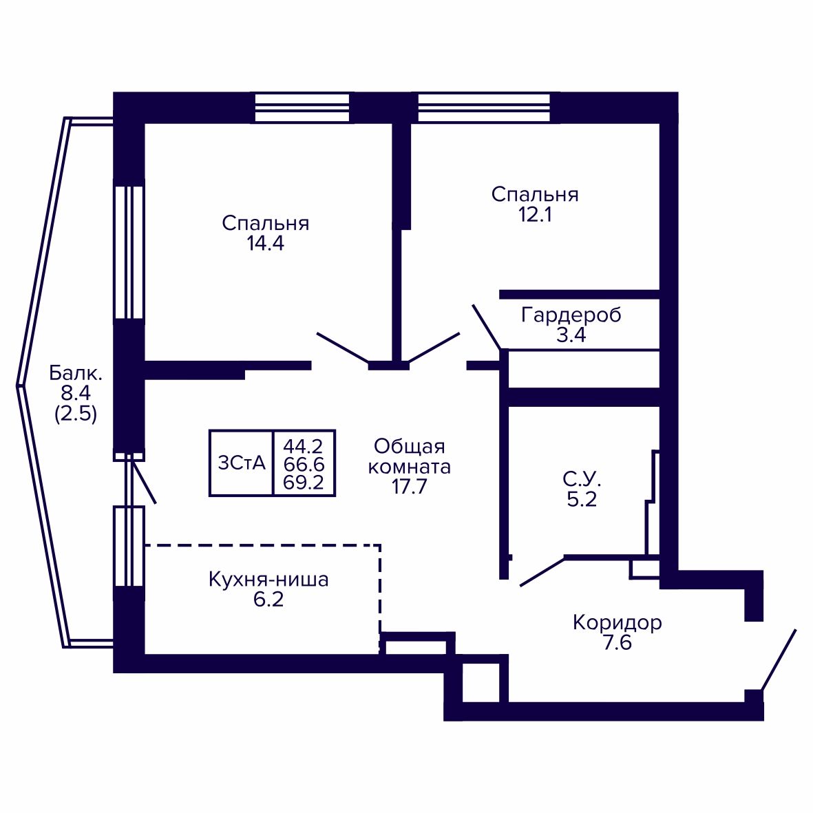 3-комнатная, 69.16 м², № 22 в Сподвижники