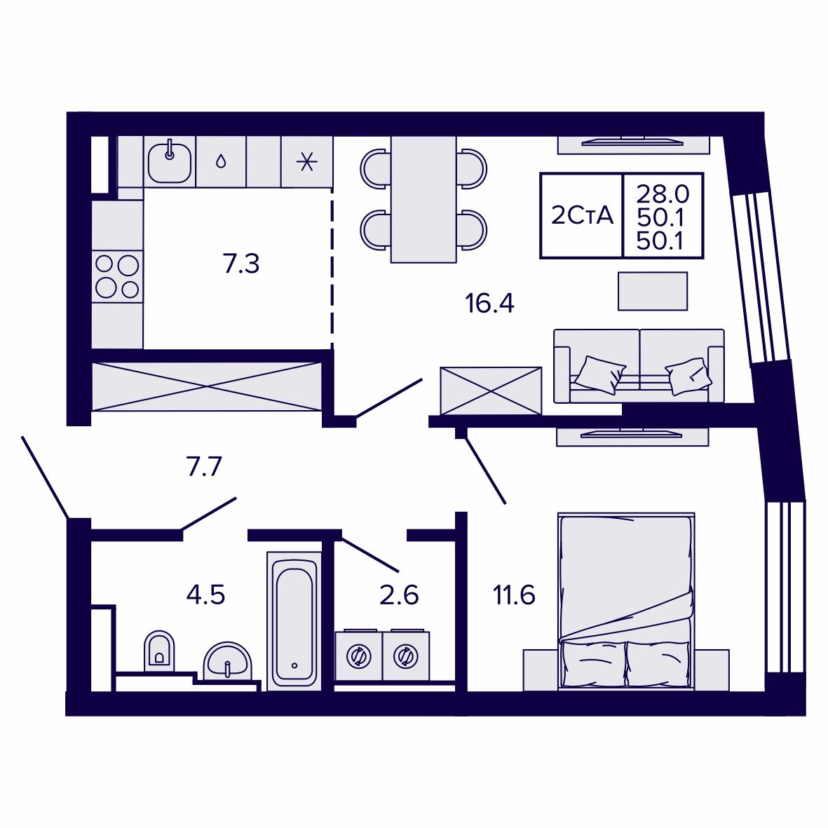 2-комнатная, 50.05 м², № 126 в Сподвижники