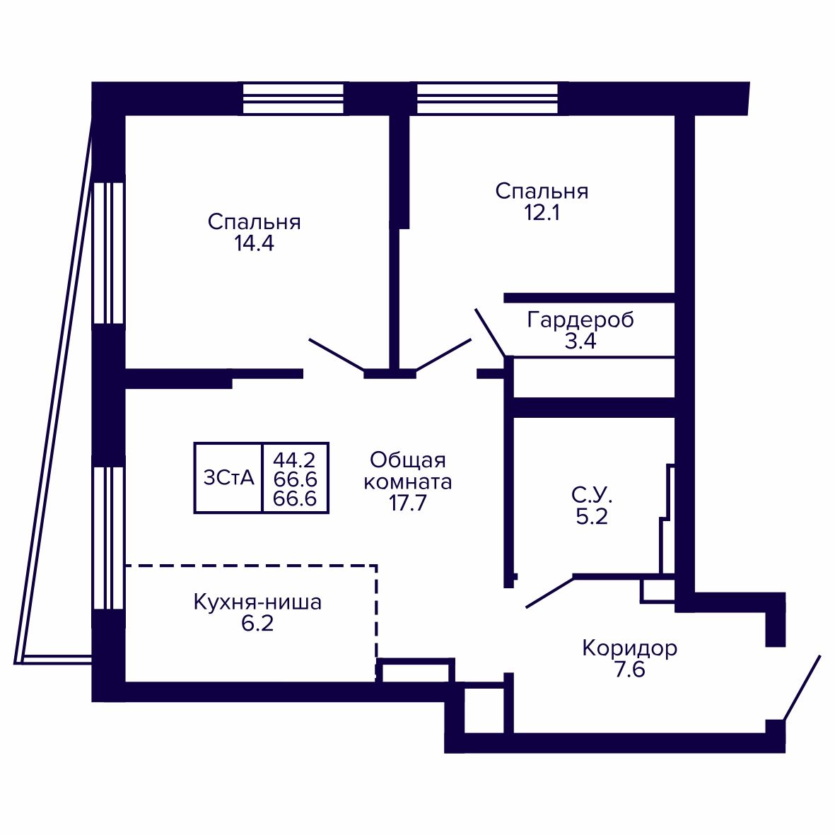 3-комнатная, 66.61 м², № 52 в Сподвижники