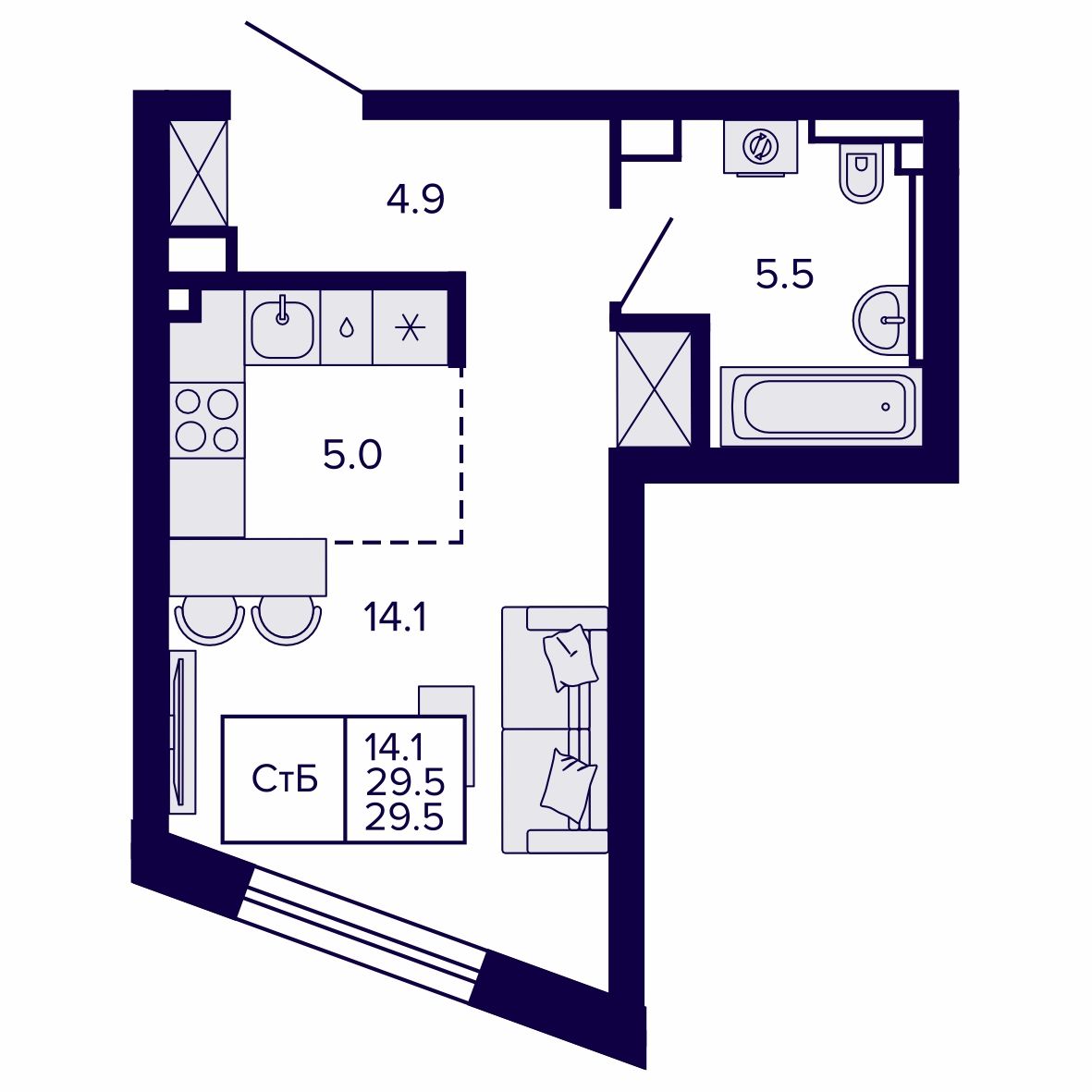 Студия, 29.48 м², № 29 в Сподвижники