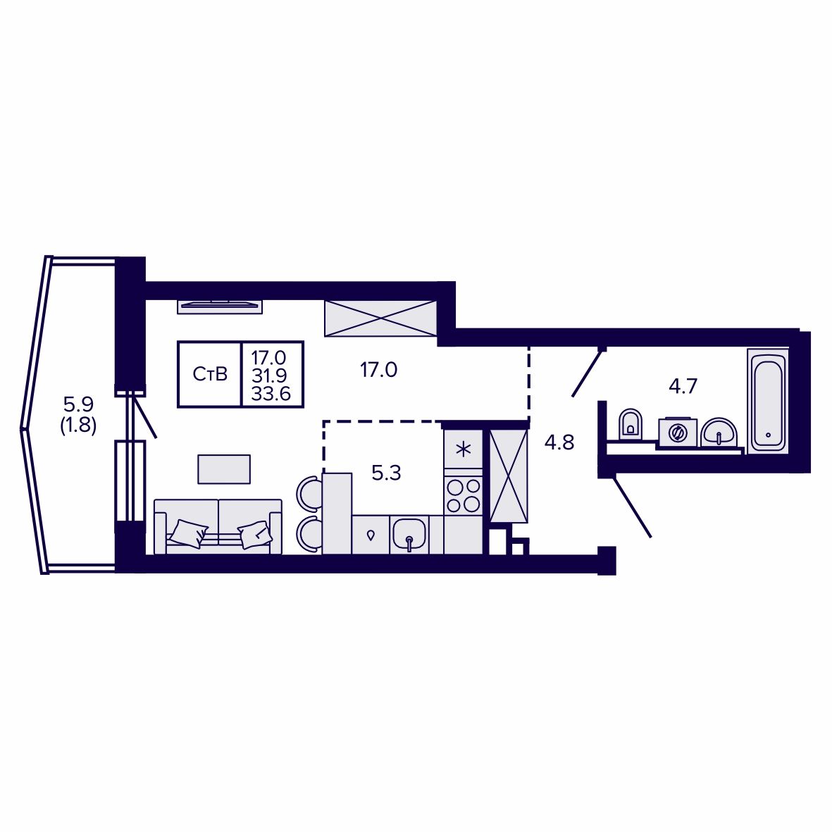 Студия, 33.64 м², № 11 в Сподвижники
