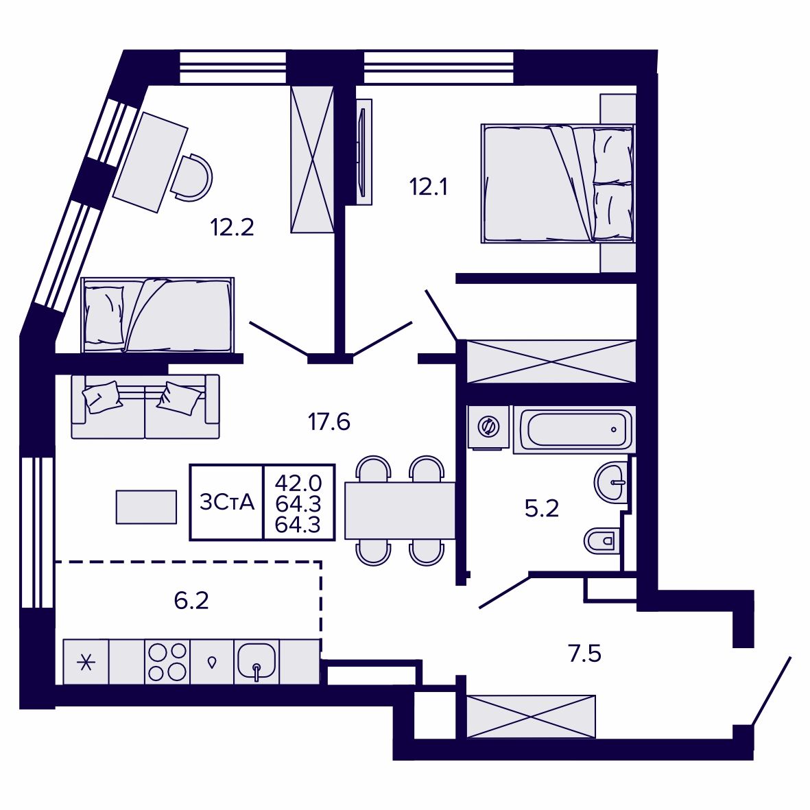 3-комнатная, 64.27 м², № 122 в Сподвижники