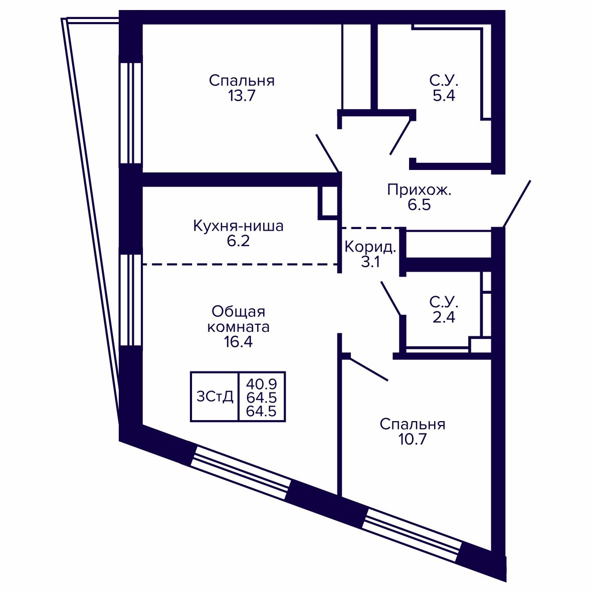 3-комнатная, 64.5 м², № 30 в Сподвижники