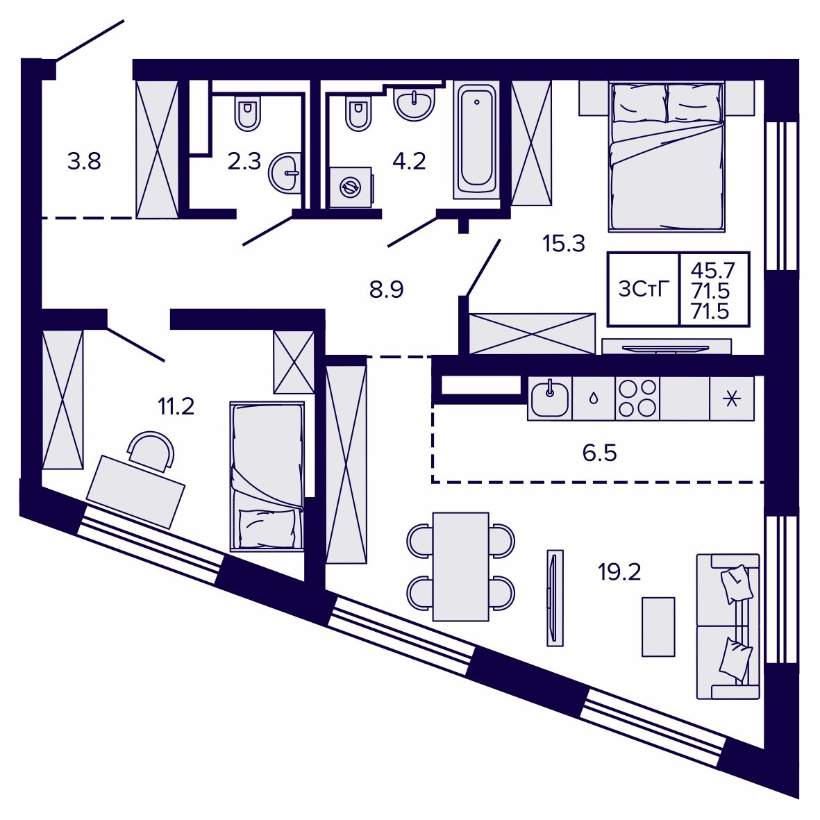 3-комнатная, 71.49 м², № 127 в Сподвижники