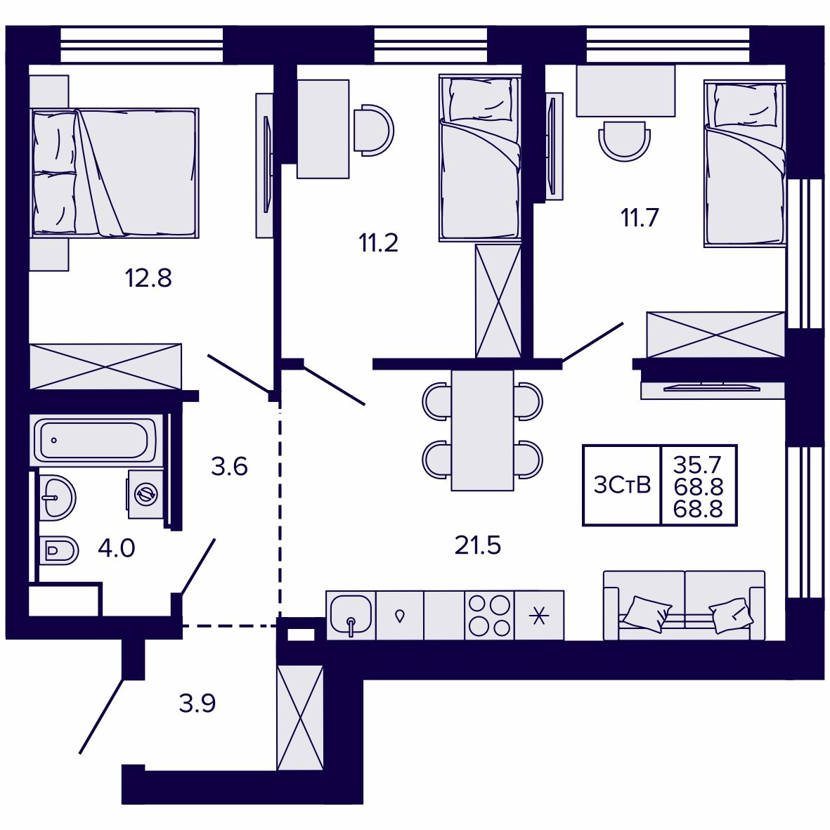 3-комнатная, 68.76 м², № 14 в Сподвижники