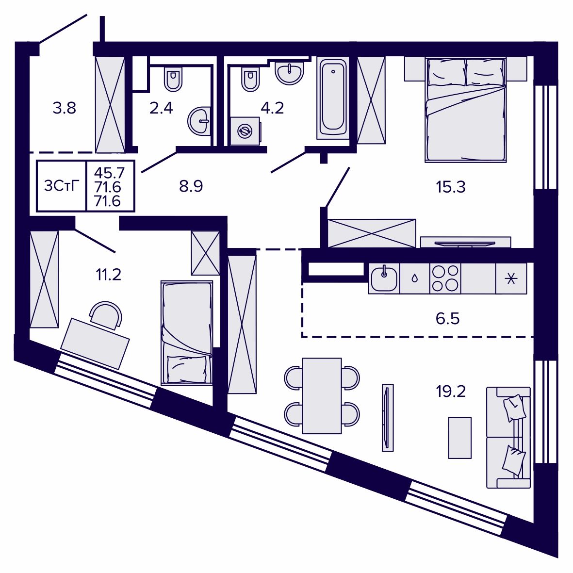 3-комнатная, 71.61 м², № 17 в Сподвижники