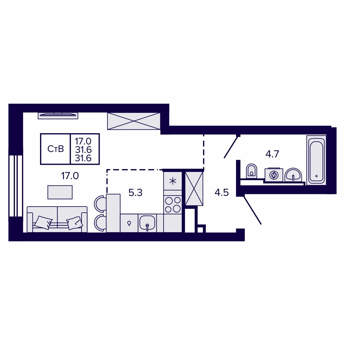 Студия, 31.64 м², № 121 в Сподвижники