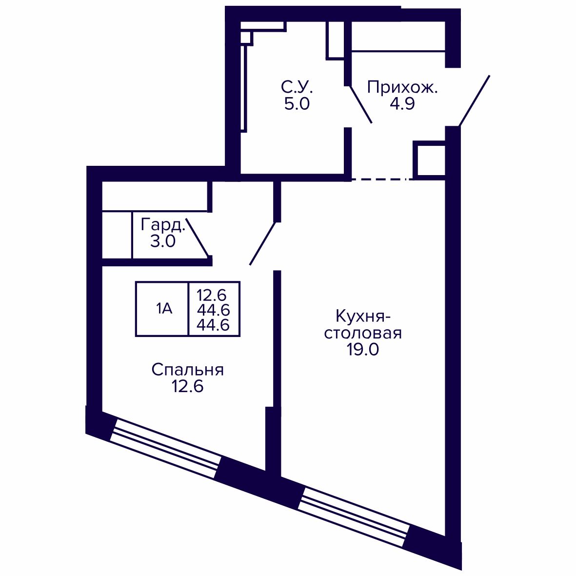 1-комнатная, 44.62 м², № 128 в Сподвижники