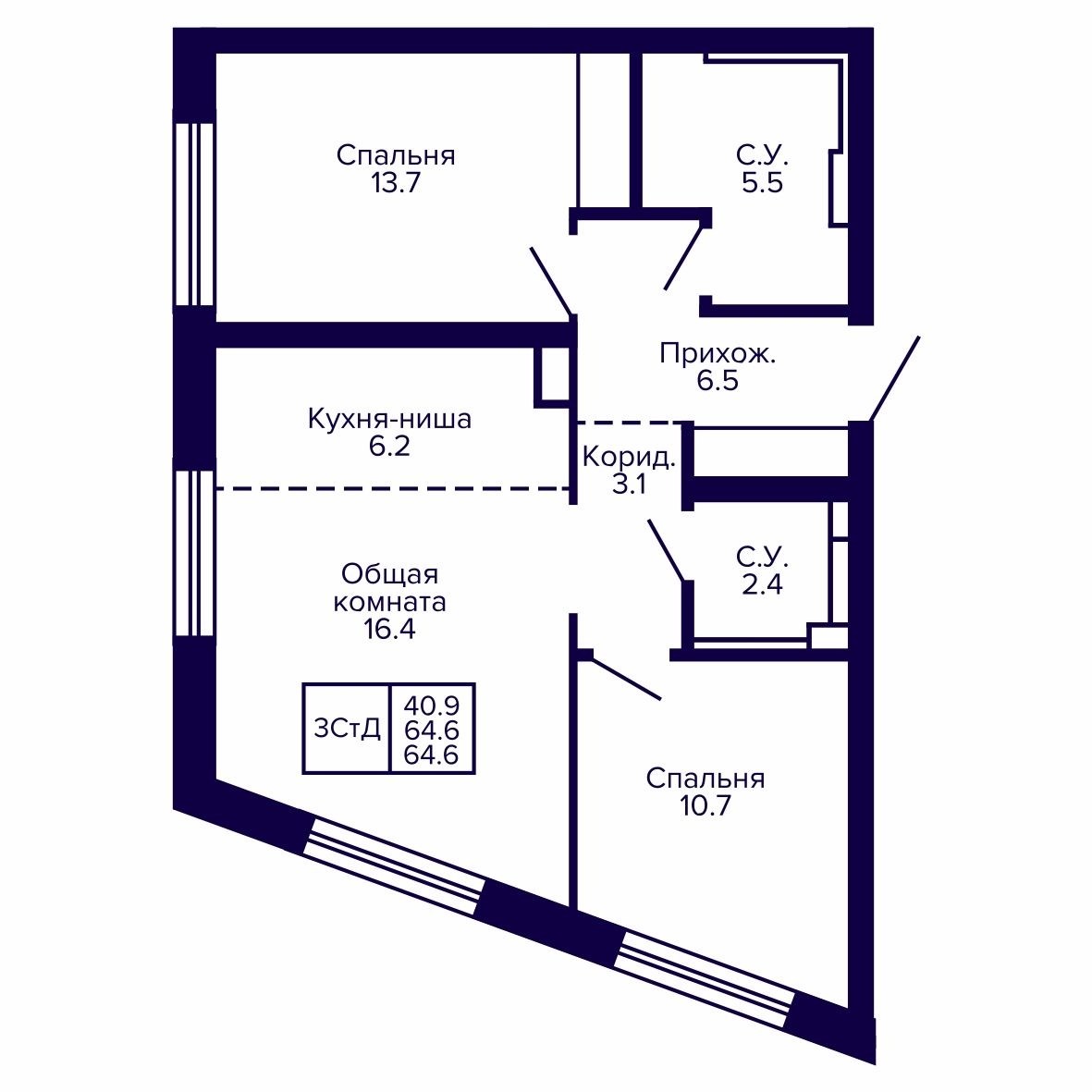 3-комнатная, 64.61 м², № 20 в Сподвижники