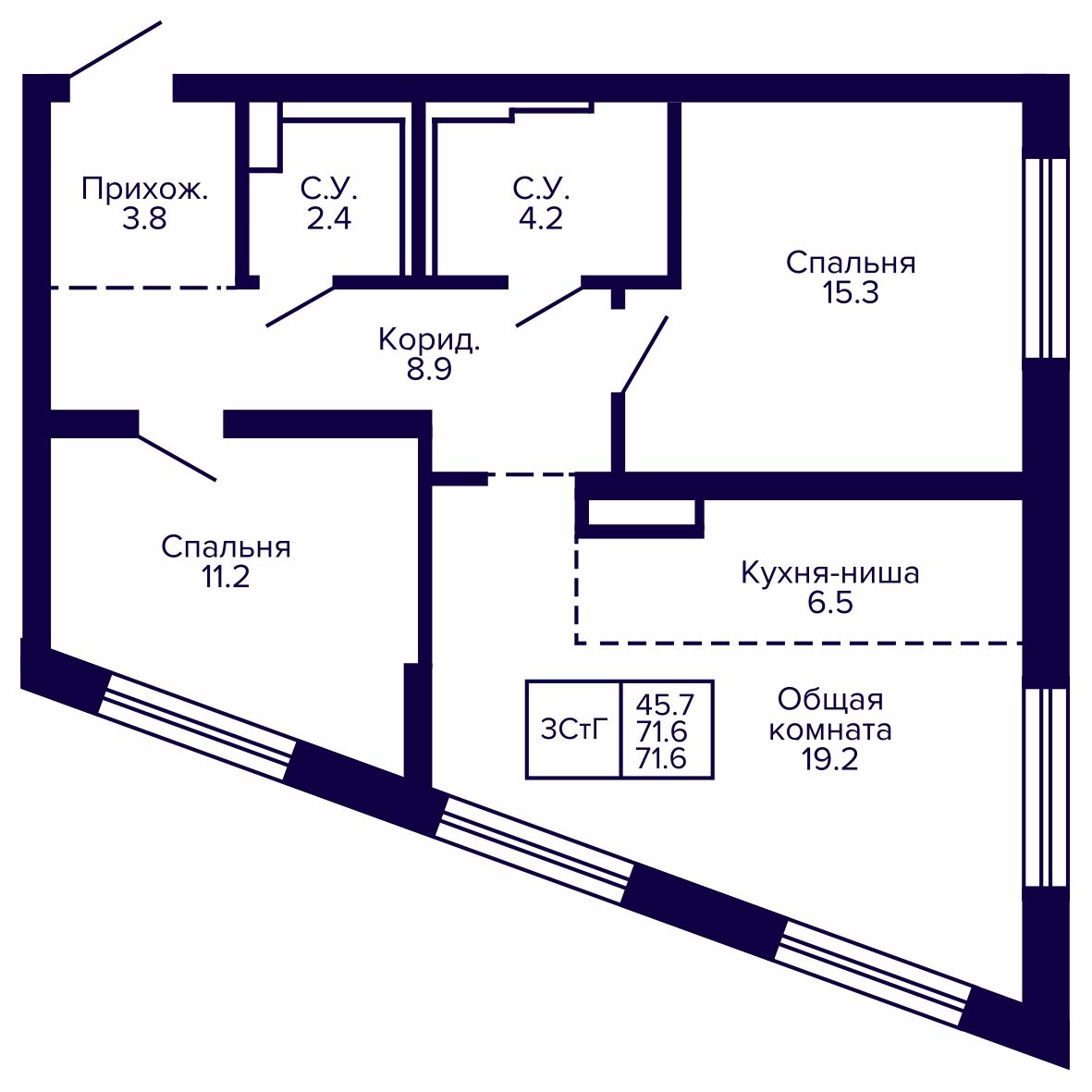 3-комнатная, 71.61 м², № 17 в Сподвижники