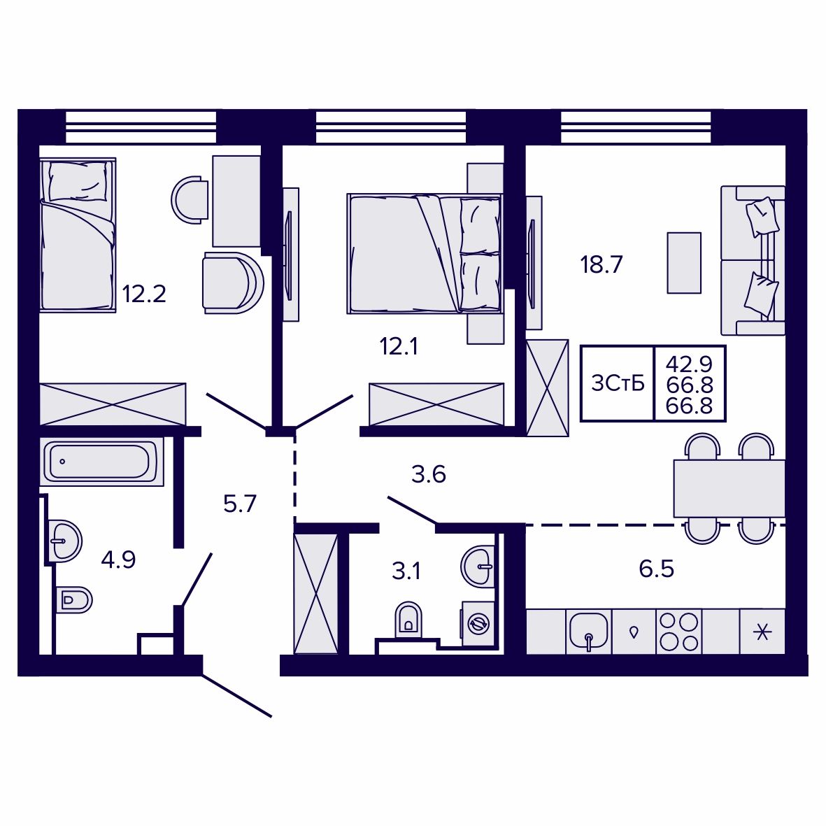 3-комнатная, 66.77 м², № 23 в Сподвижники