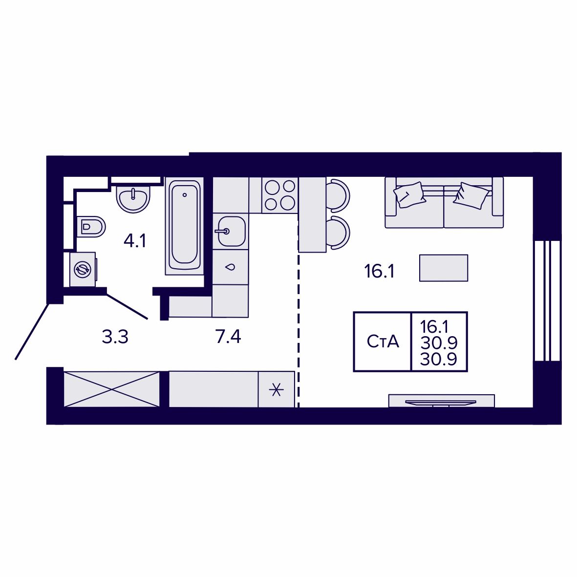 Студия, 30.9 м², № 15 в Сподвижники